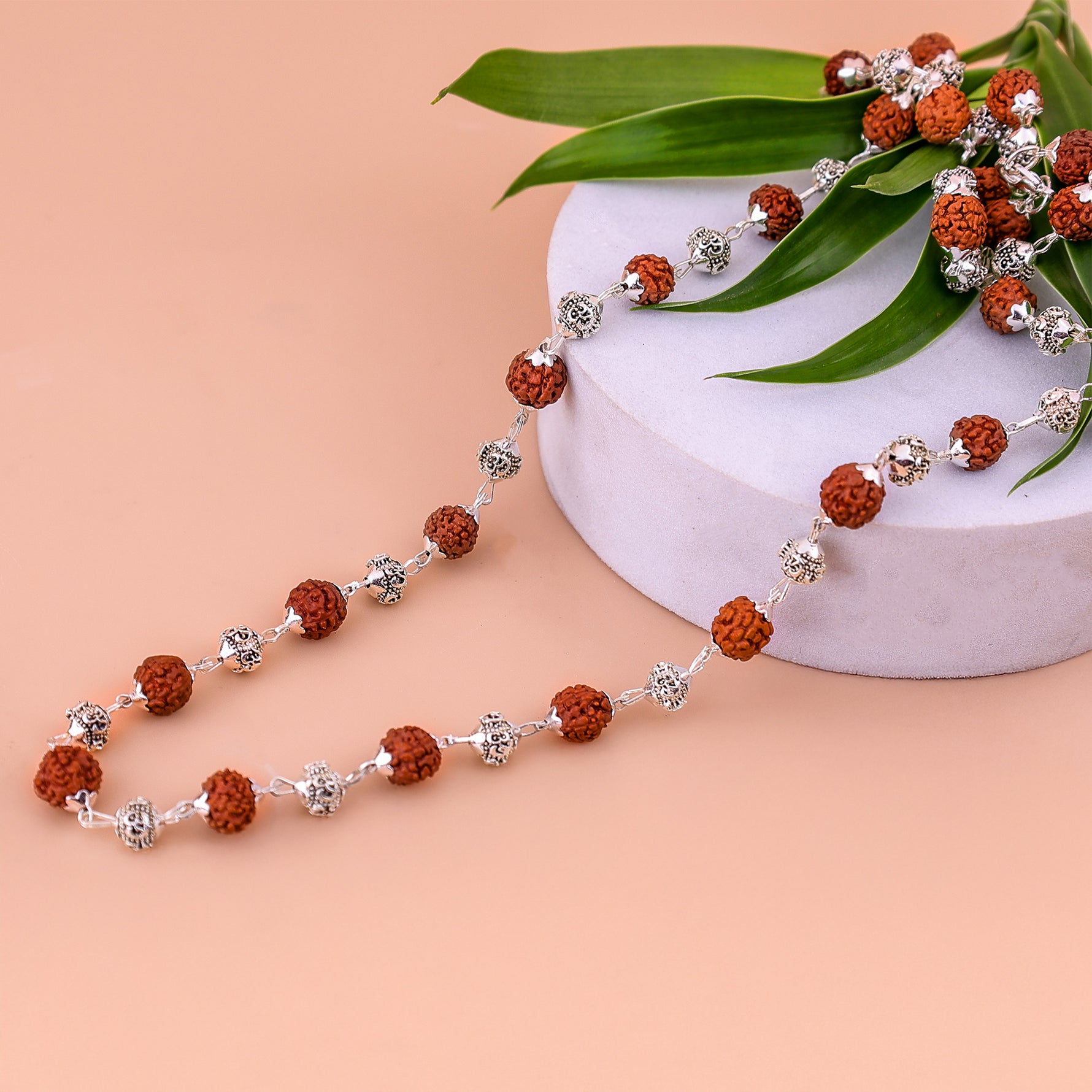 Silver OM With Rudraksha Mala