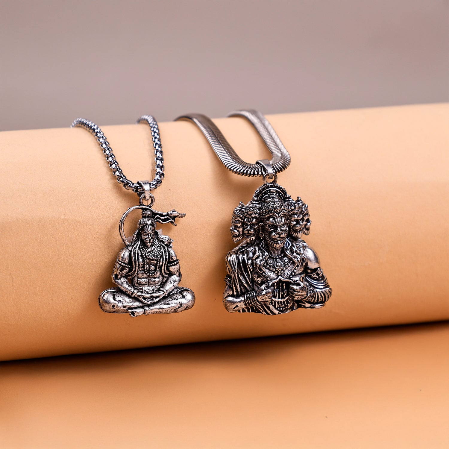 Silver Panchmukhi & Meditating Hanuman Ji Pendant Combo