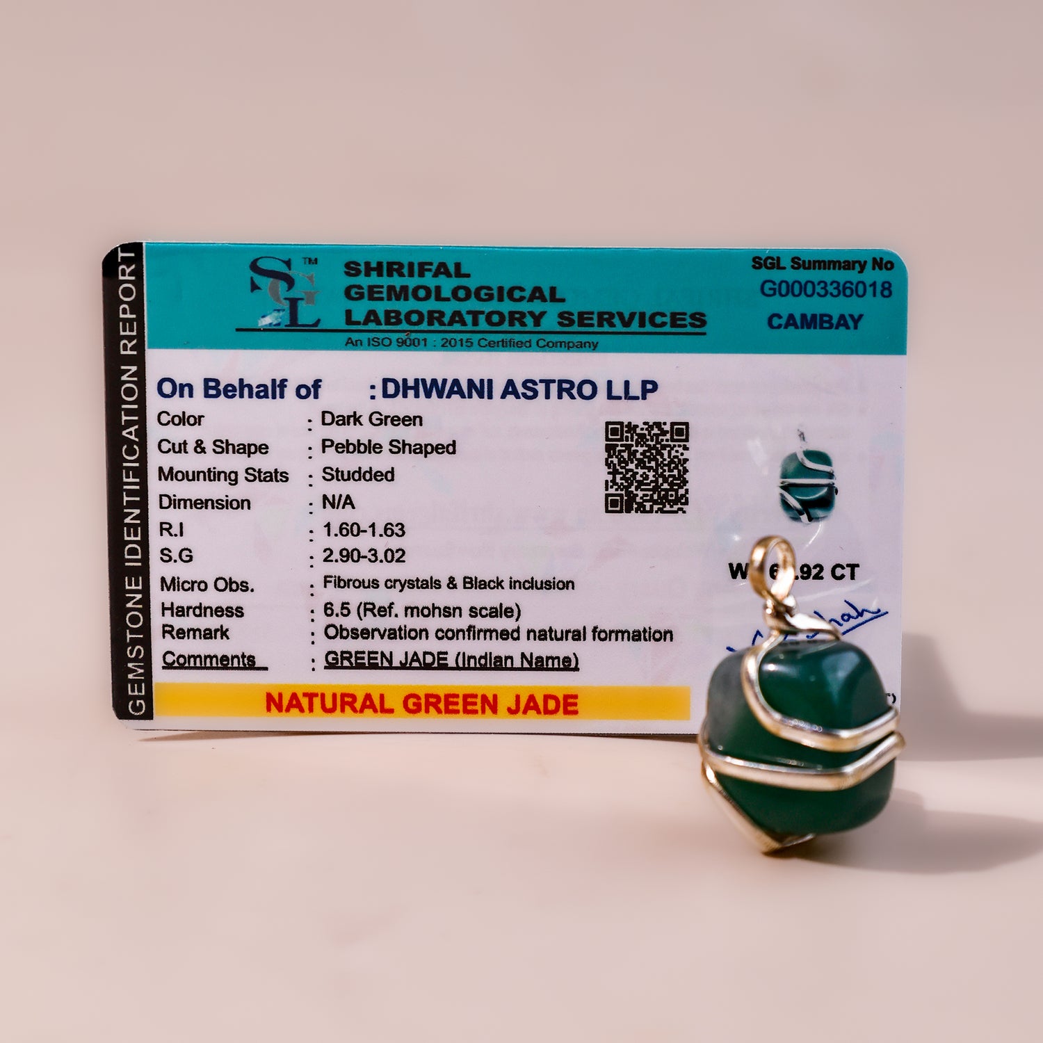 Green Jade Wrapping Pendant - Abhimantrit & Certified
