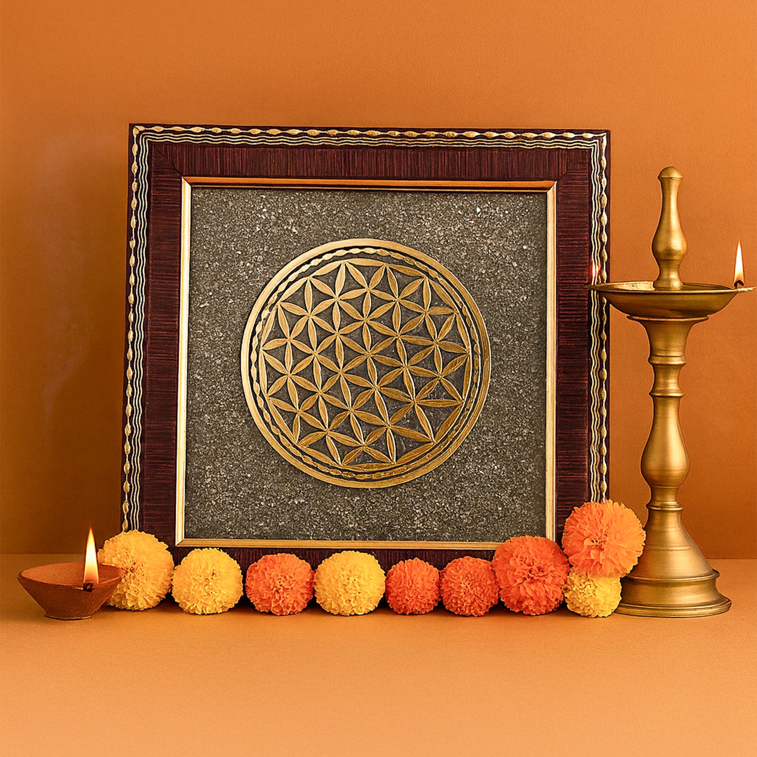 Flower Of Life Raw Pyrite Frame - Abhimantrit