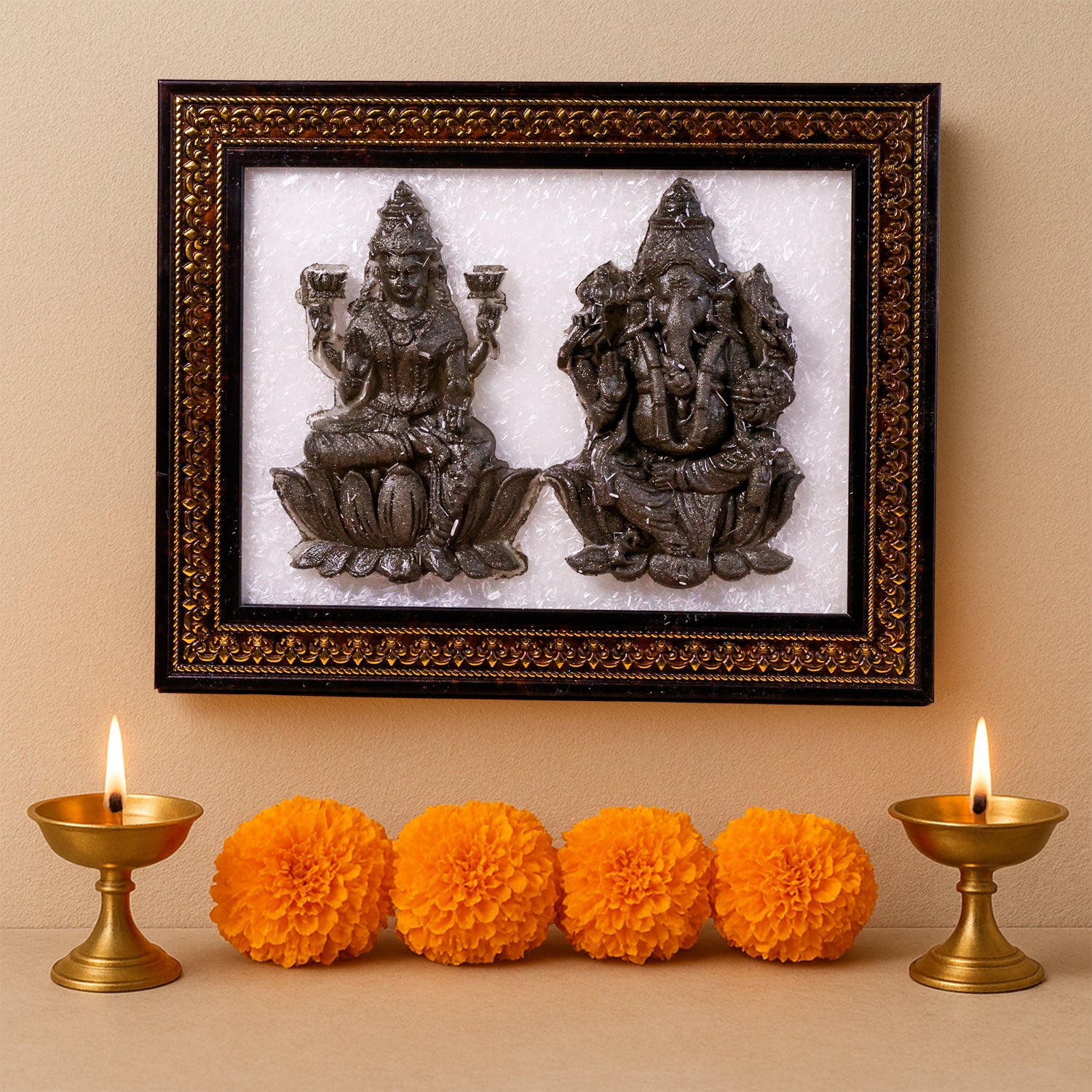 Laxmi Ji & Ganesh Ji On Selenite Frame - Abhimantrit
