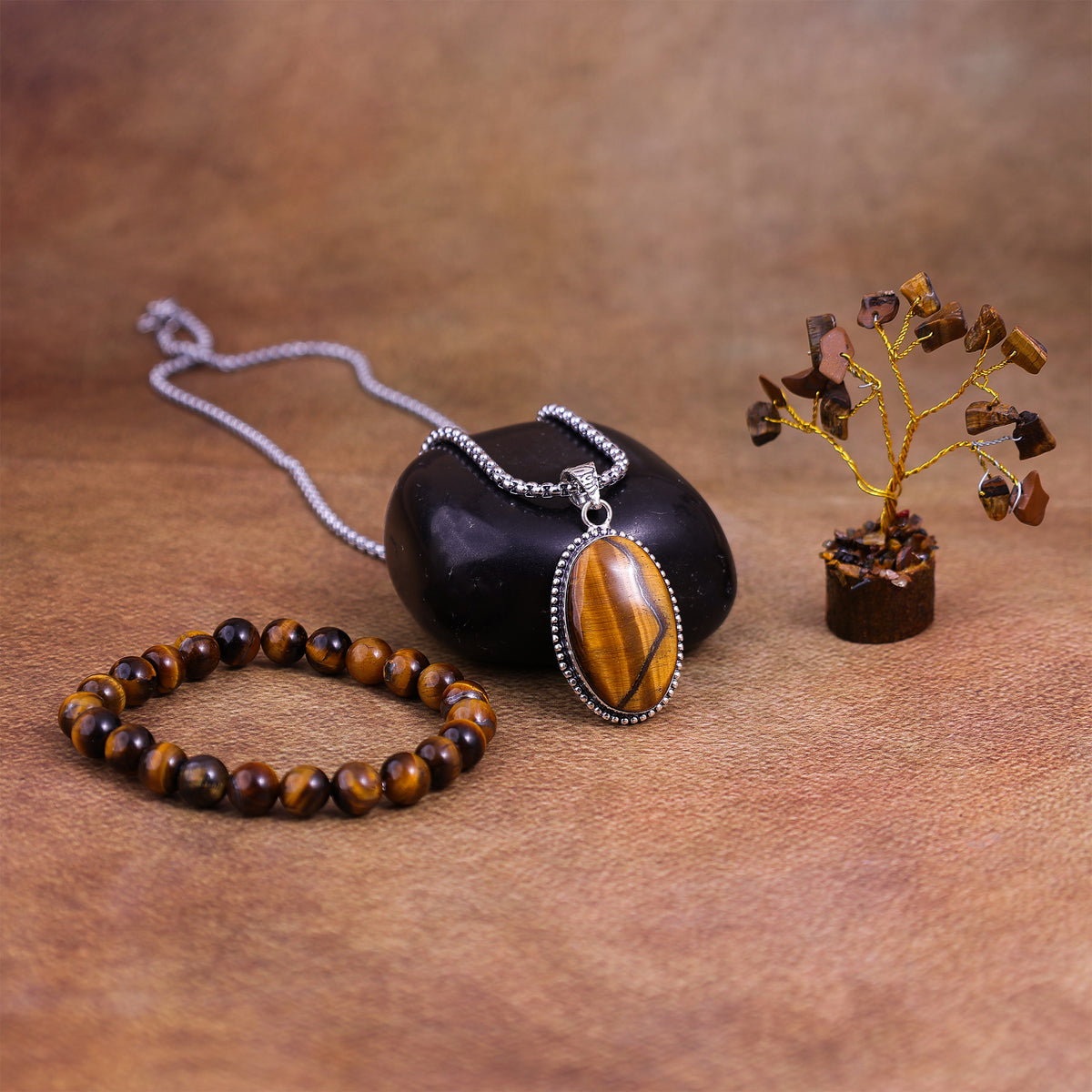 Tiger Eye Bracelet & Pendant With Tree (Combo)