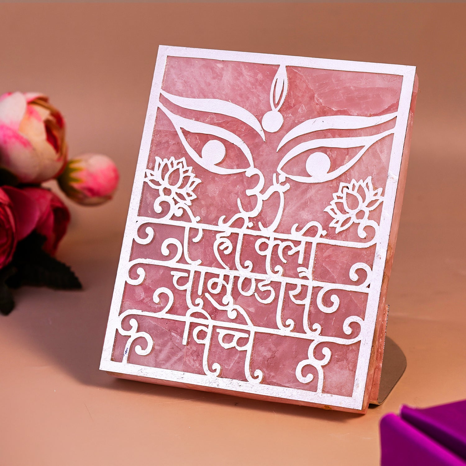 Chamunda Beej Mantra Rose Quartz Tealight Holder