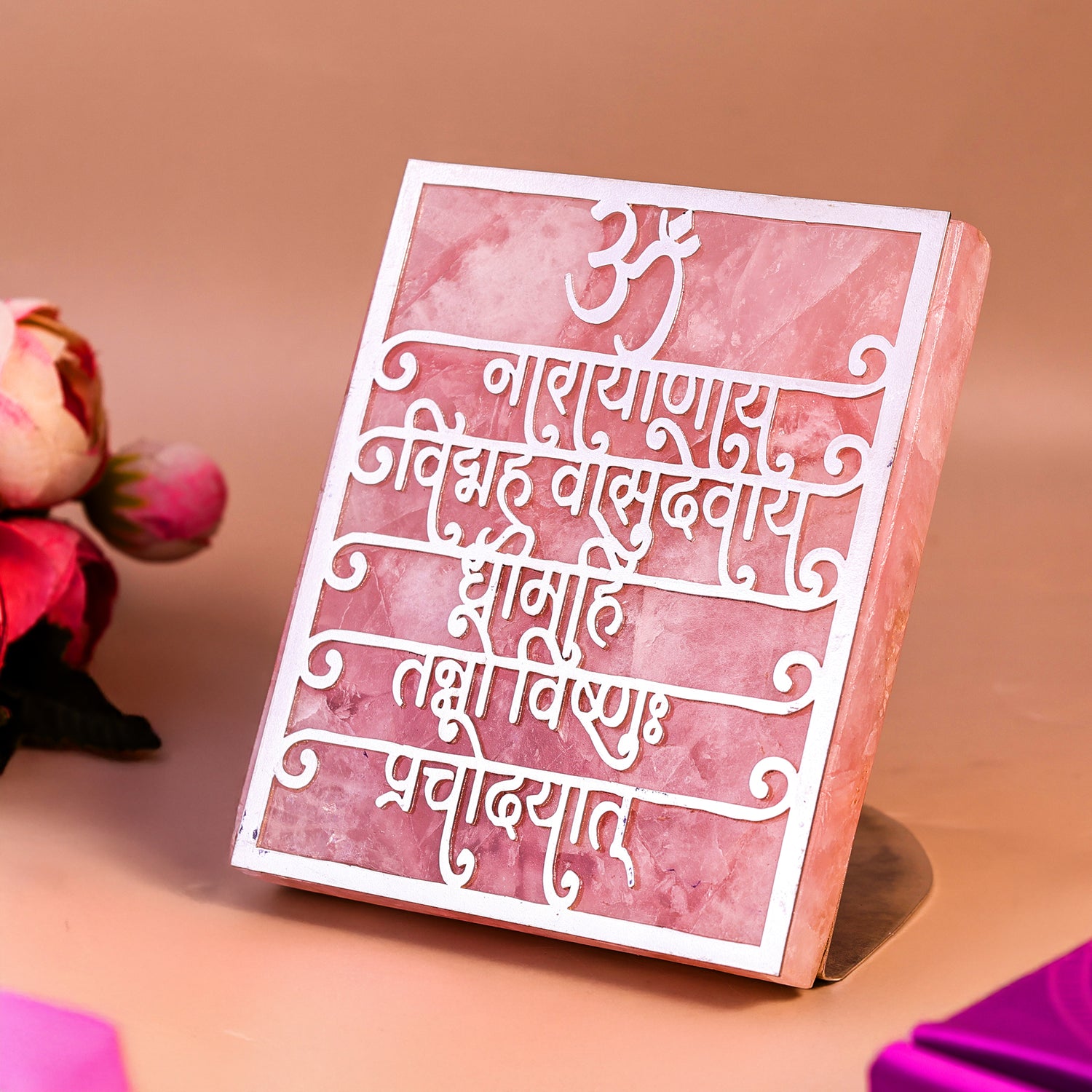 Vishnu Gayatri Mantra Rose Quartz Tealight Holder
