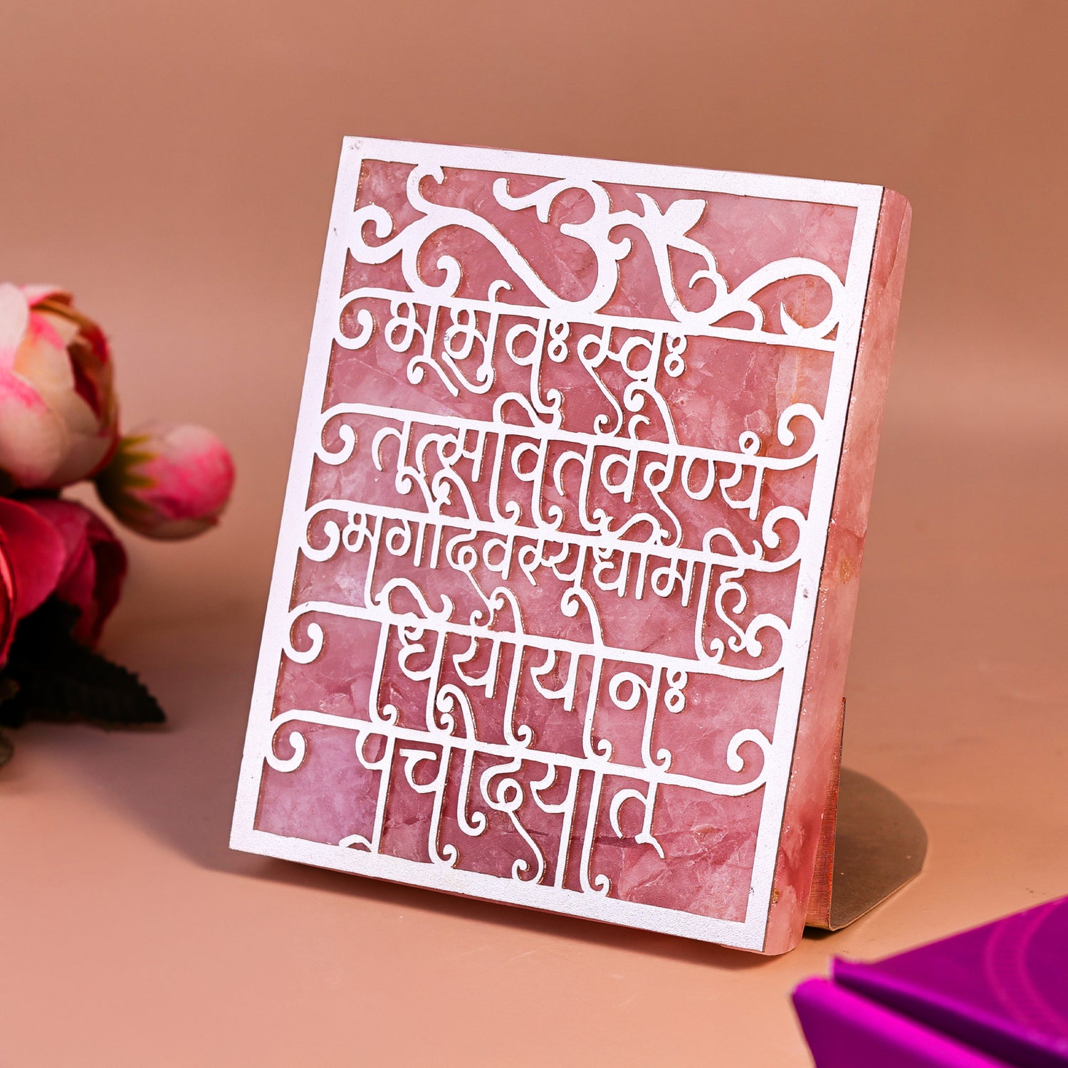 Gayatri Mantra Rose Quartz Tealight Holder