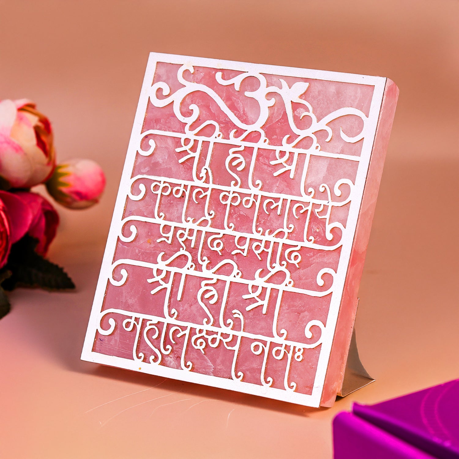 Shree Mahalakshmi Beej Dhyan Mantra Rose Quartz Tealight Holder