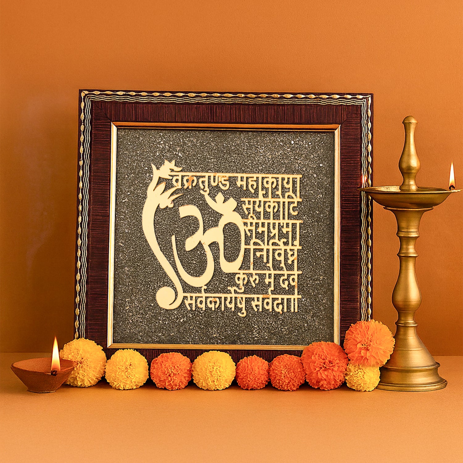 Ganesh Mantra Raw Pyrite Frame - Abhimantrit