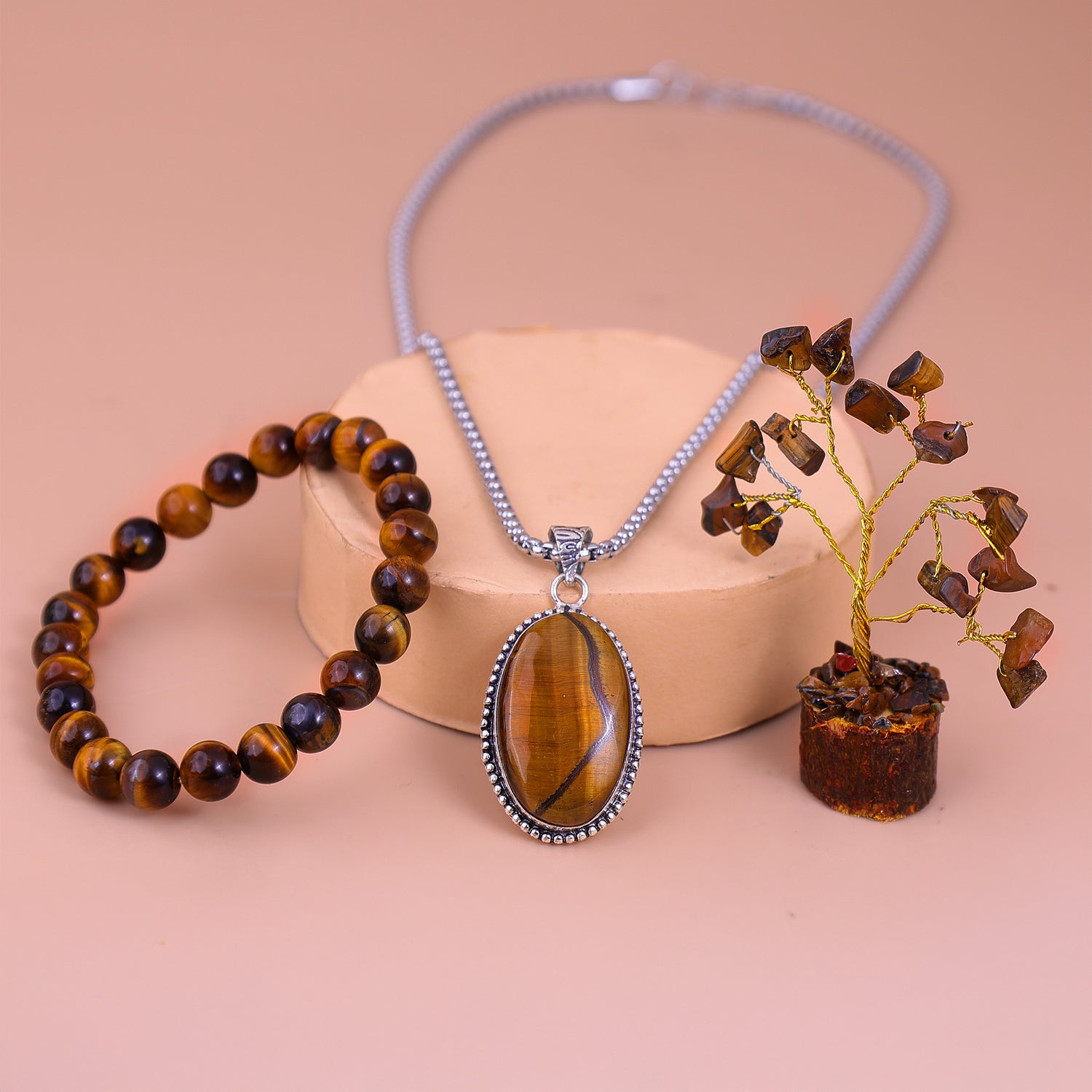 Tiger Eye Bracelet & Pendant With Tree (Combo)
