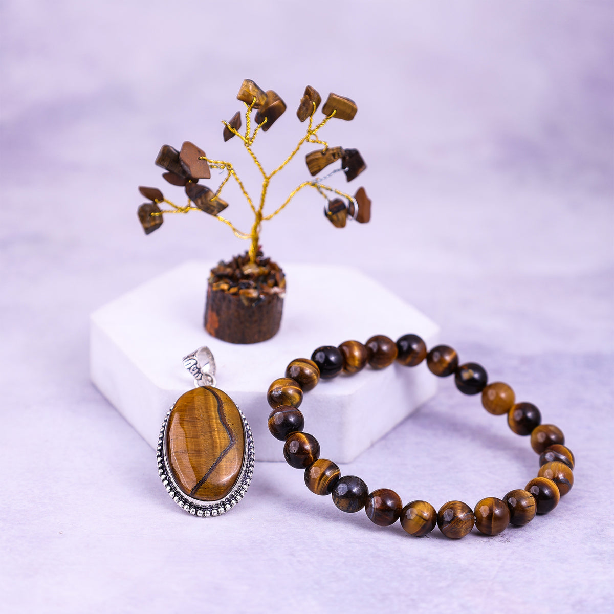 Tiger Eye Bracelet & Pendant With Tree (Combo)