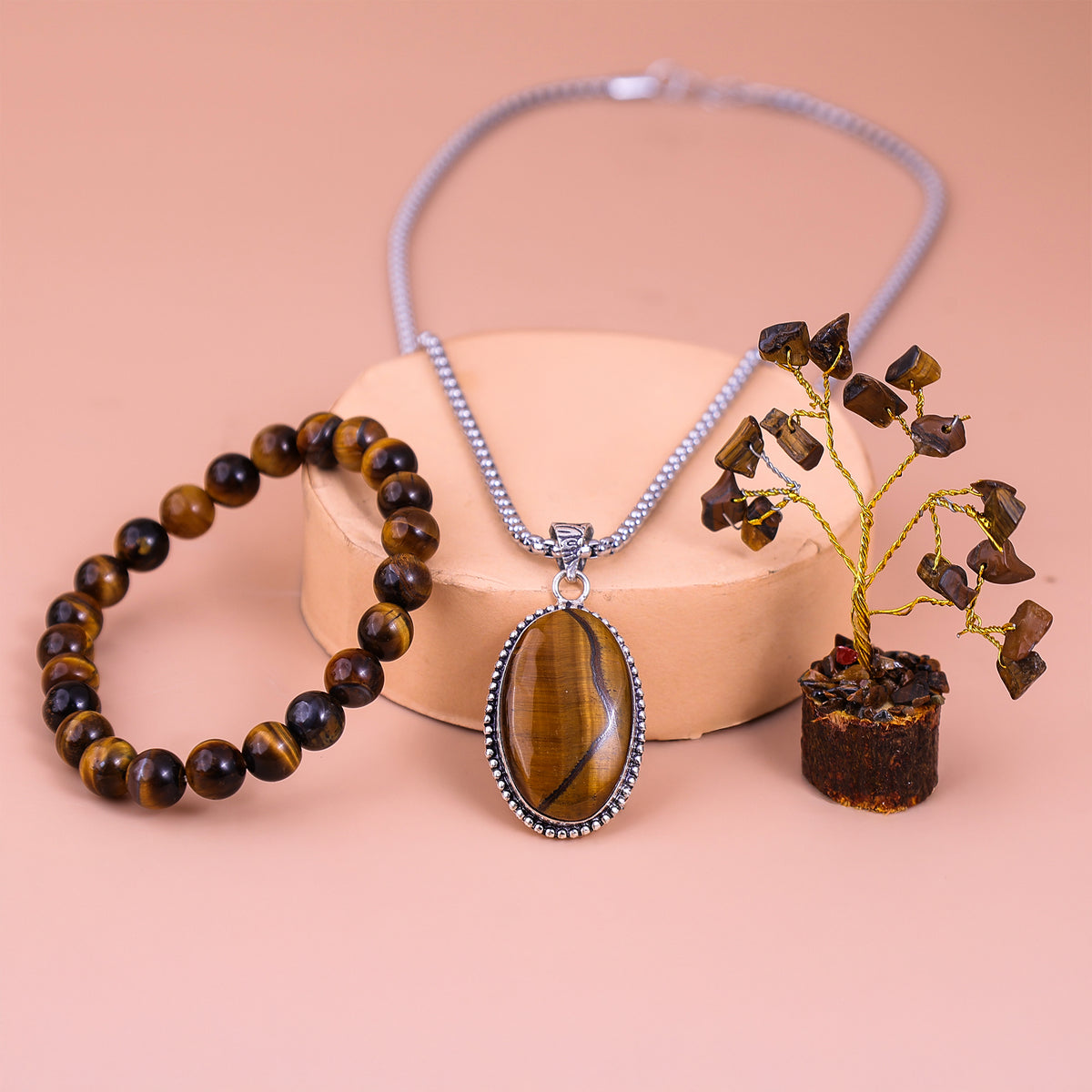 Tiger Eye Bracelet & Pendant With Tree (Combo)