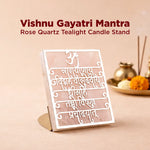 Rose Quartz Tealight Candle Stand with Vishnu Gayatri Mantra on a beige background
