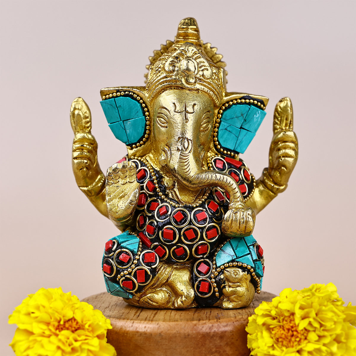Brass Shri Ganesh Statue with Stonework - Abhimantrit