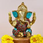 Brass Shri Ganesh Statue with Stonework - Abhimantrit