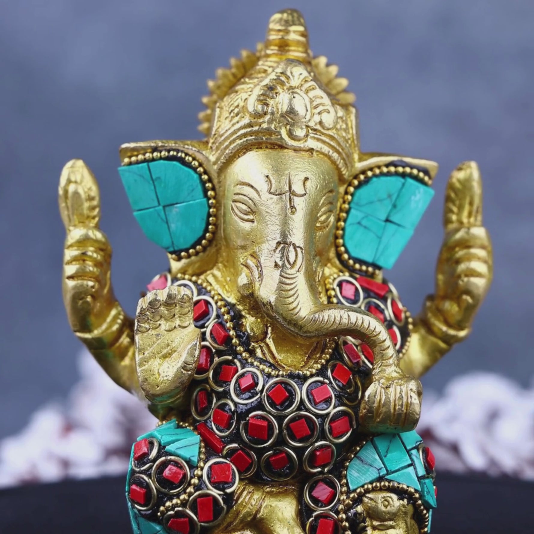 Brass Shri Ganesh Statue with Stonework - Abhimantrit