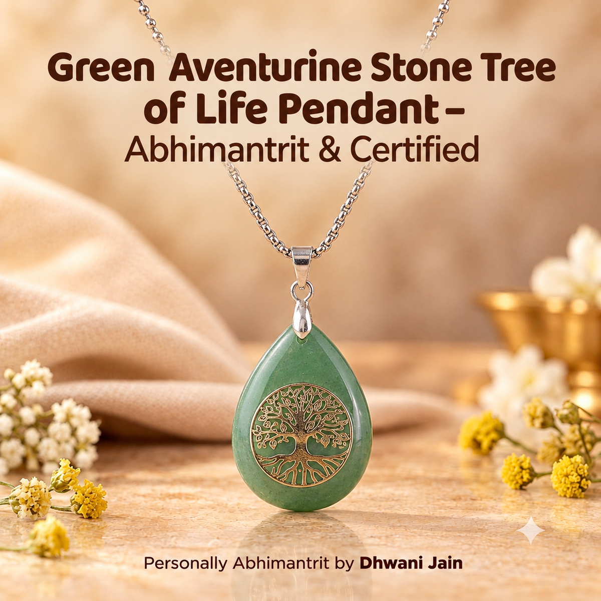Green Aventurine Stone Tree of Life Pendant for Success & New Beginning – Abhimantrit & Certified