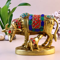 Brass Kaam Dhenu Cow With Calf (Stonework)