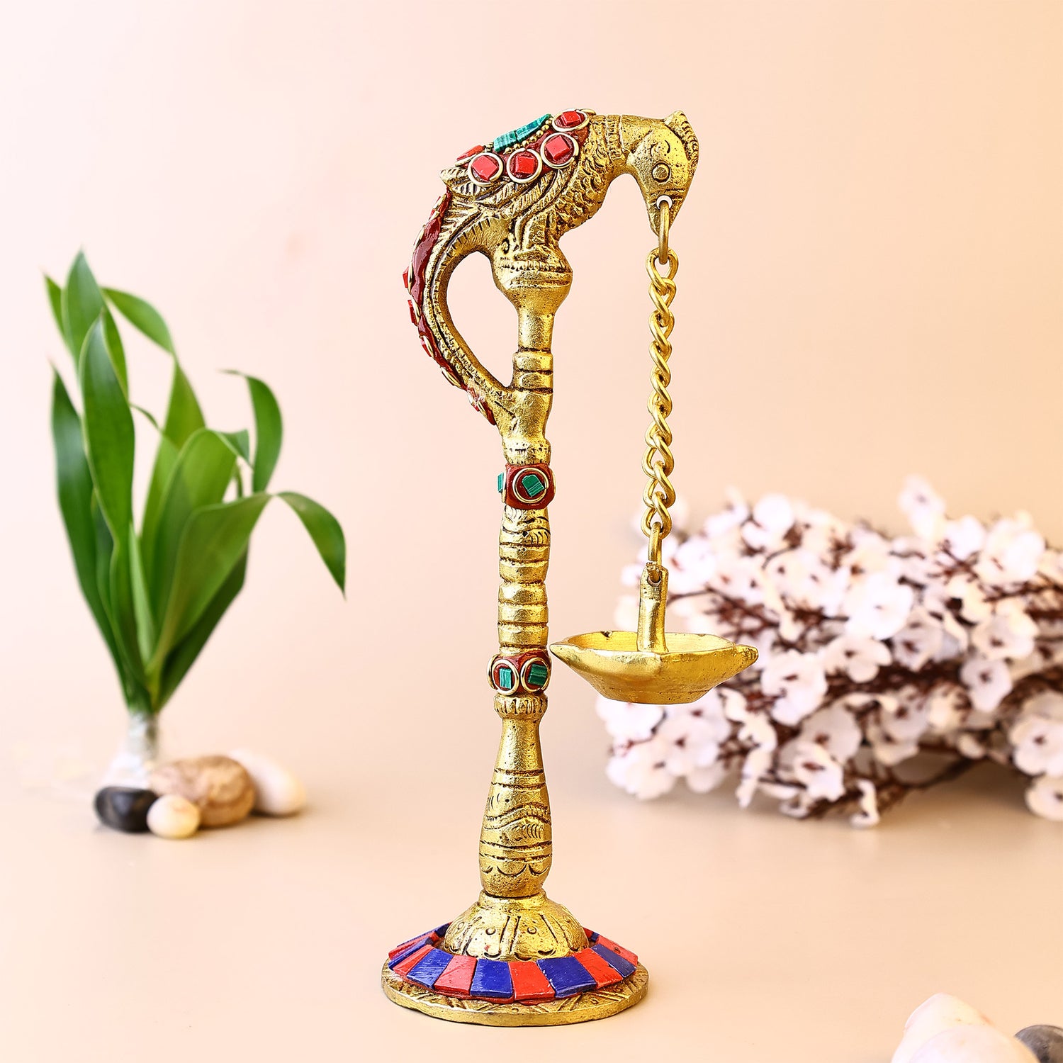 Brass Parrot Oil Light Set with Stone Work - Abhimantrit
