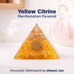 Yellow Citrine Manifestation Pyramid with text about personally Abhimantrit by Dhwani Jain.