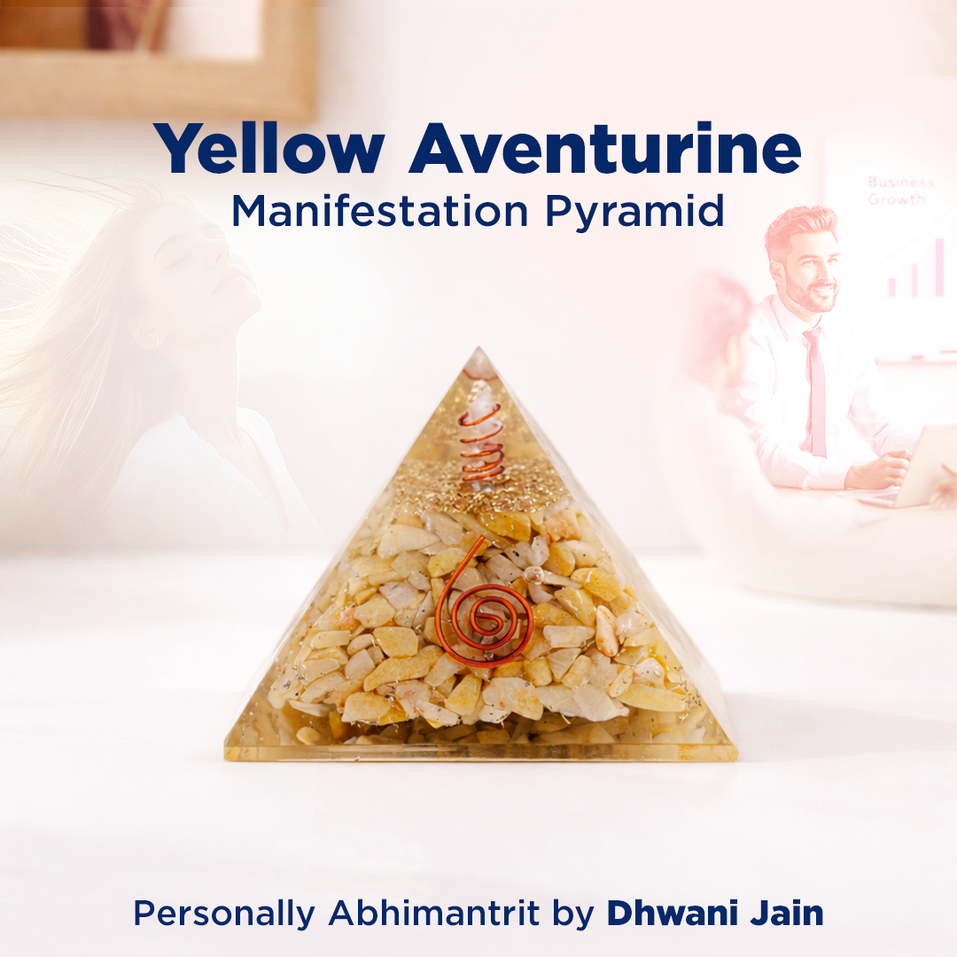 Yellow Aventurine Manifestation Pyramid with text about personally Abhimantrit by Dhwani Jain.Yellow Aventurine Pyramid – Energy & Manifestation Crystal Pyramid