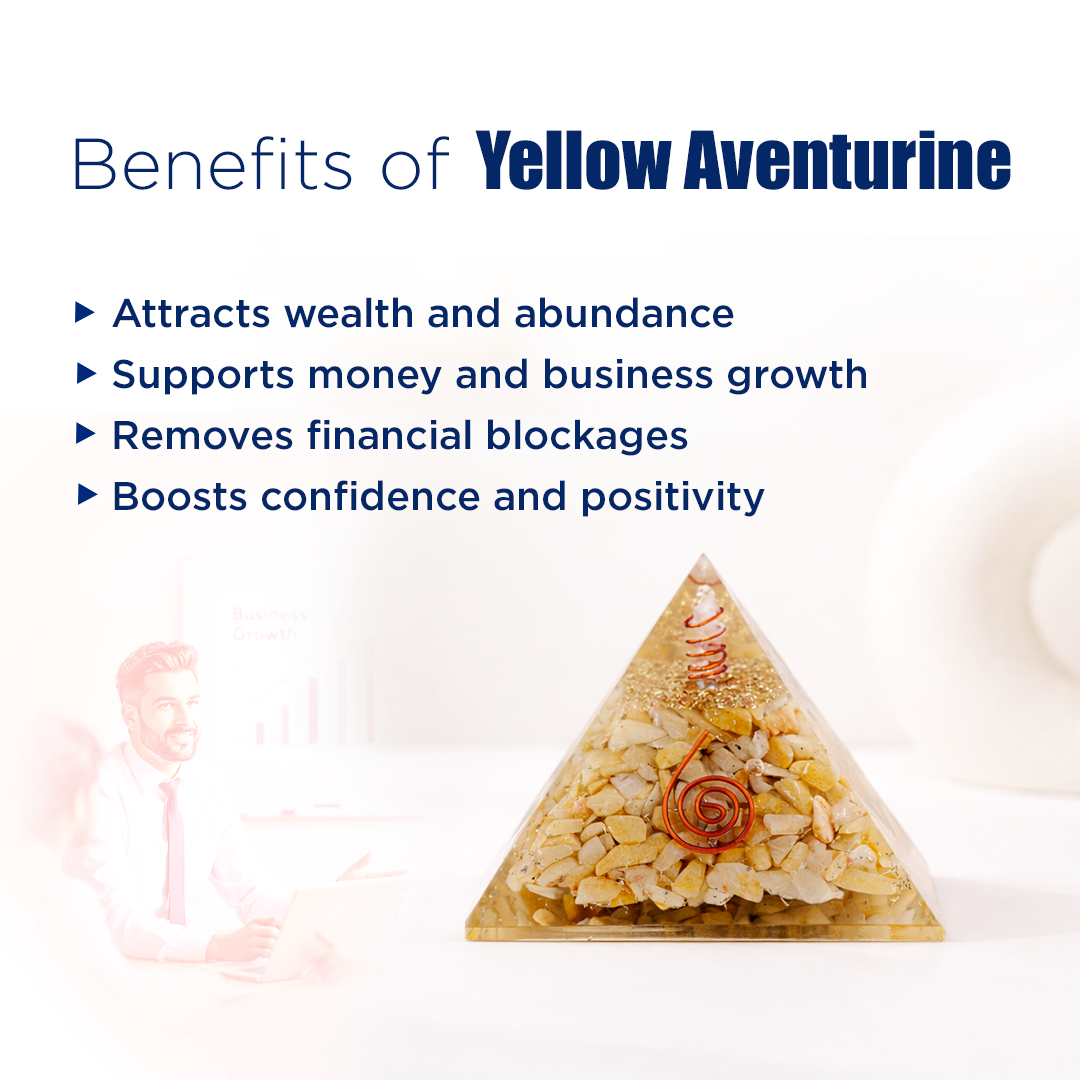 Triangular crystal with yellow aventurine and text listing benefits on a white background