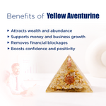 Triangular crystal with yellow aventurine and text listing benefits on a white background