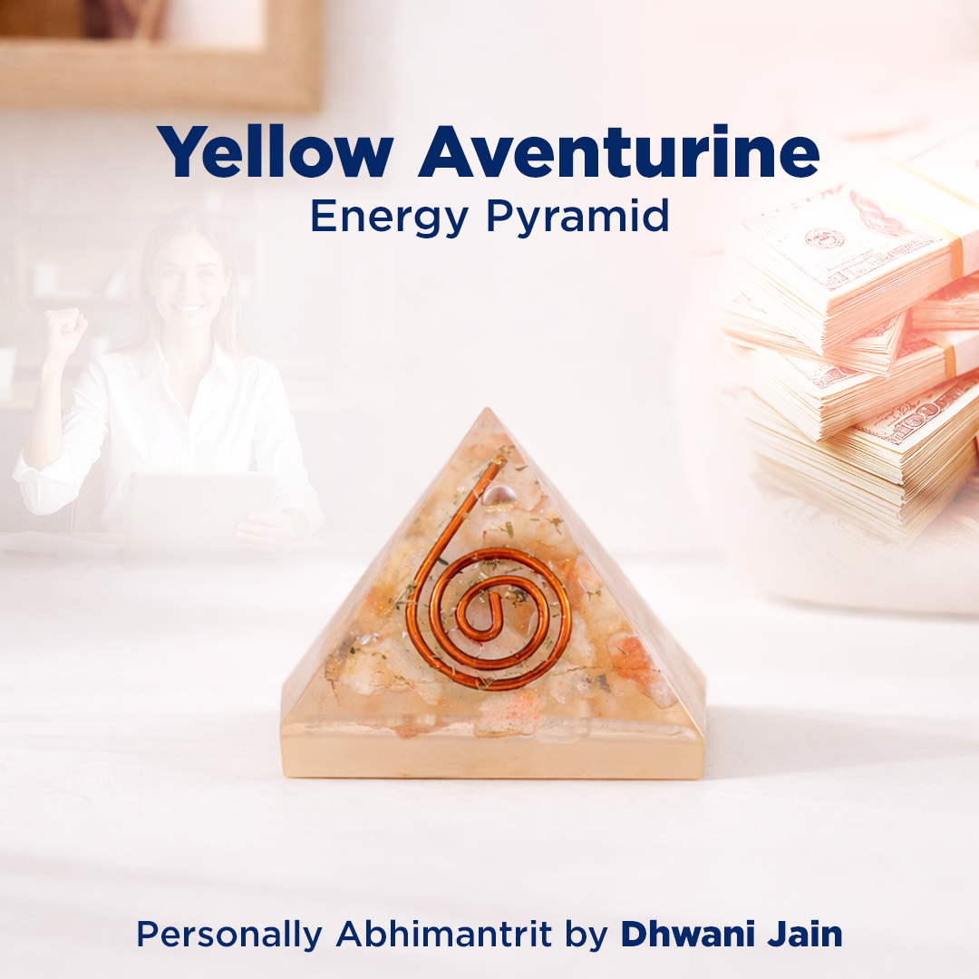 Yellow Aventurine Energy Pyramid with spiral design on a white background