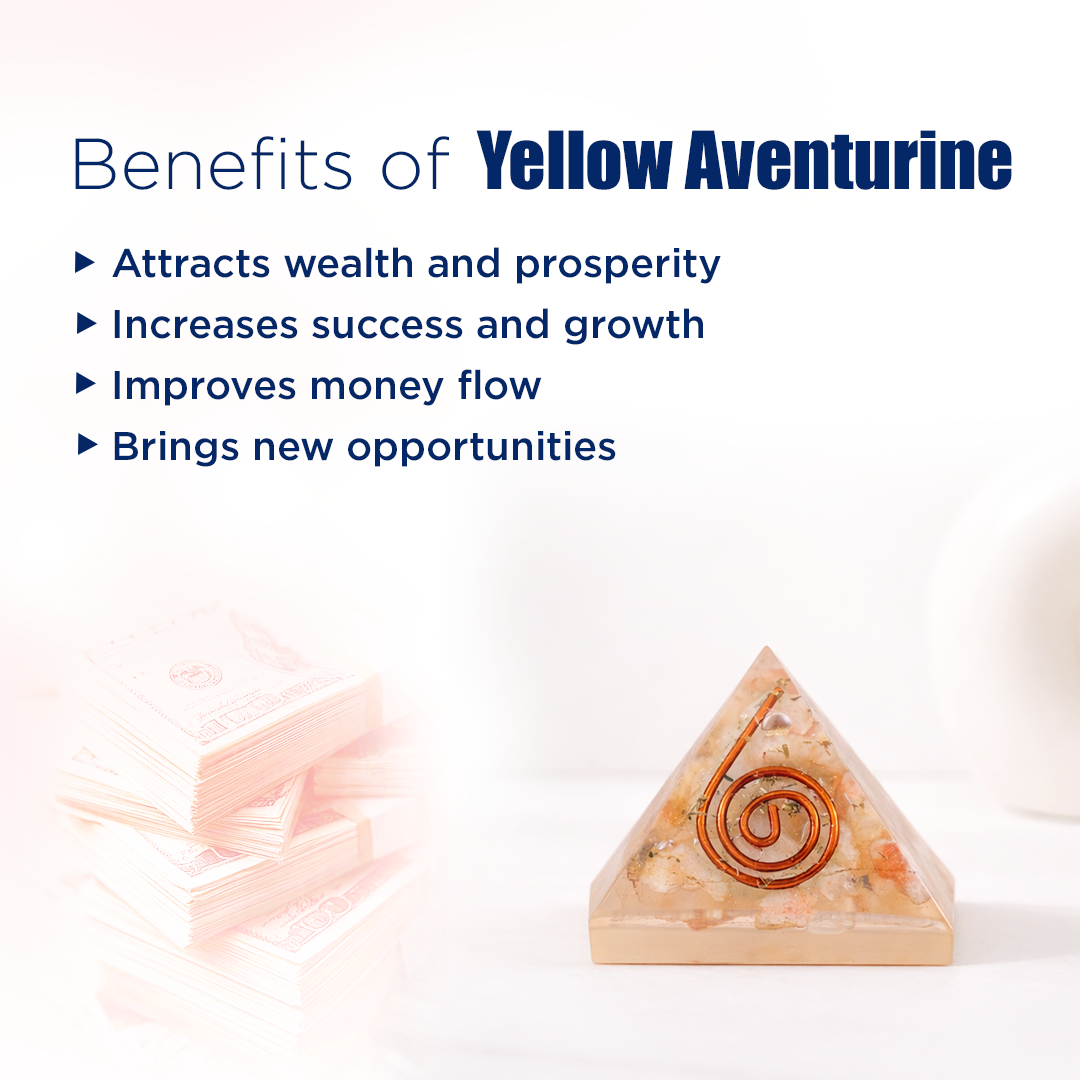 Triangular yellow aventurine crystal with benefits listed on a white backgroundYellow Aventurine Pyramid – Energy & Manifestation Crystal Pyramid