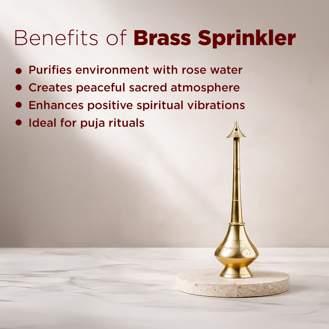 Brass sprinkler with benefits listed on a neutral backgroundBrass Gangajal Water Sprinkler - Puja Holy Water Sprinkler