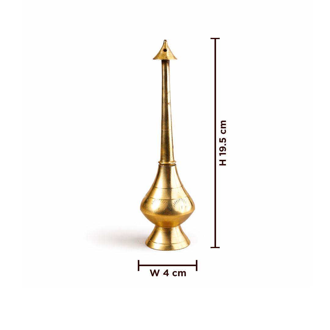 Gold decorative vase with dimensions on a white background