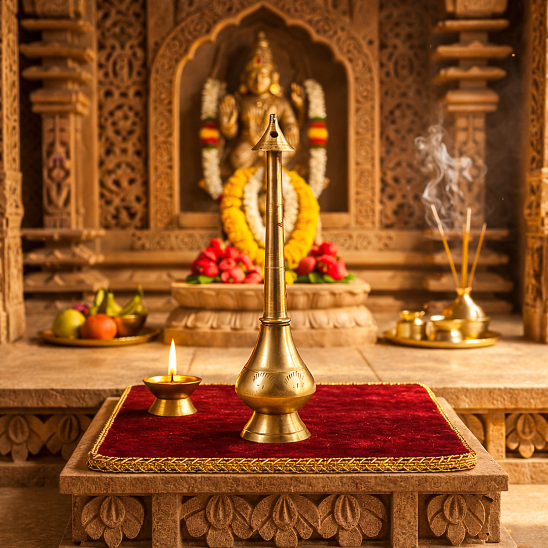 Decorative altar with a brass lamp, candles, and fruits in a temple setting.