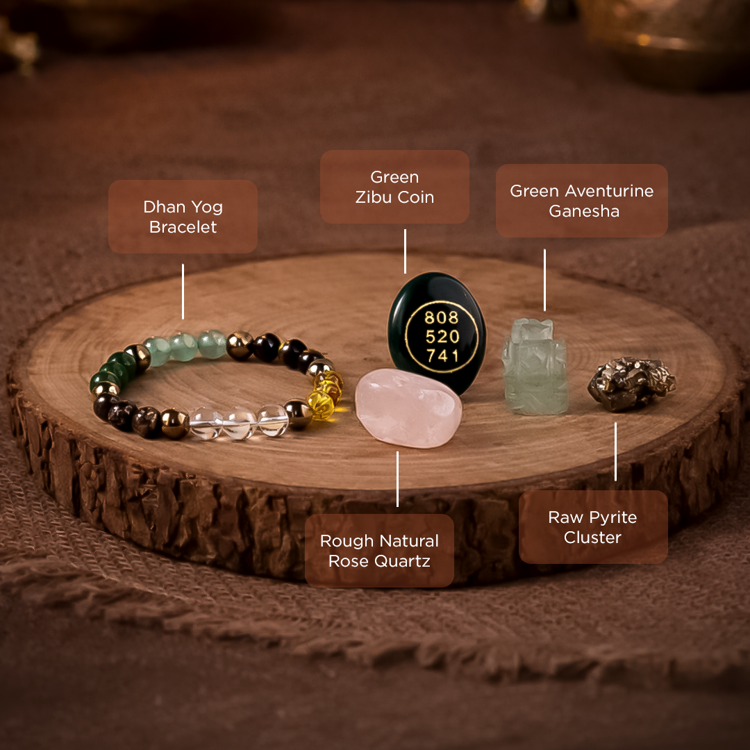 Collection of crystals and a bracelet on a wooden surface with labels.Ultimate Money Attractor Bowl - Wealth & Prosperity Manifestation Bowl