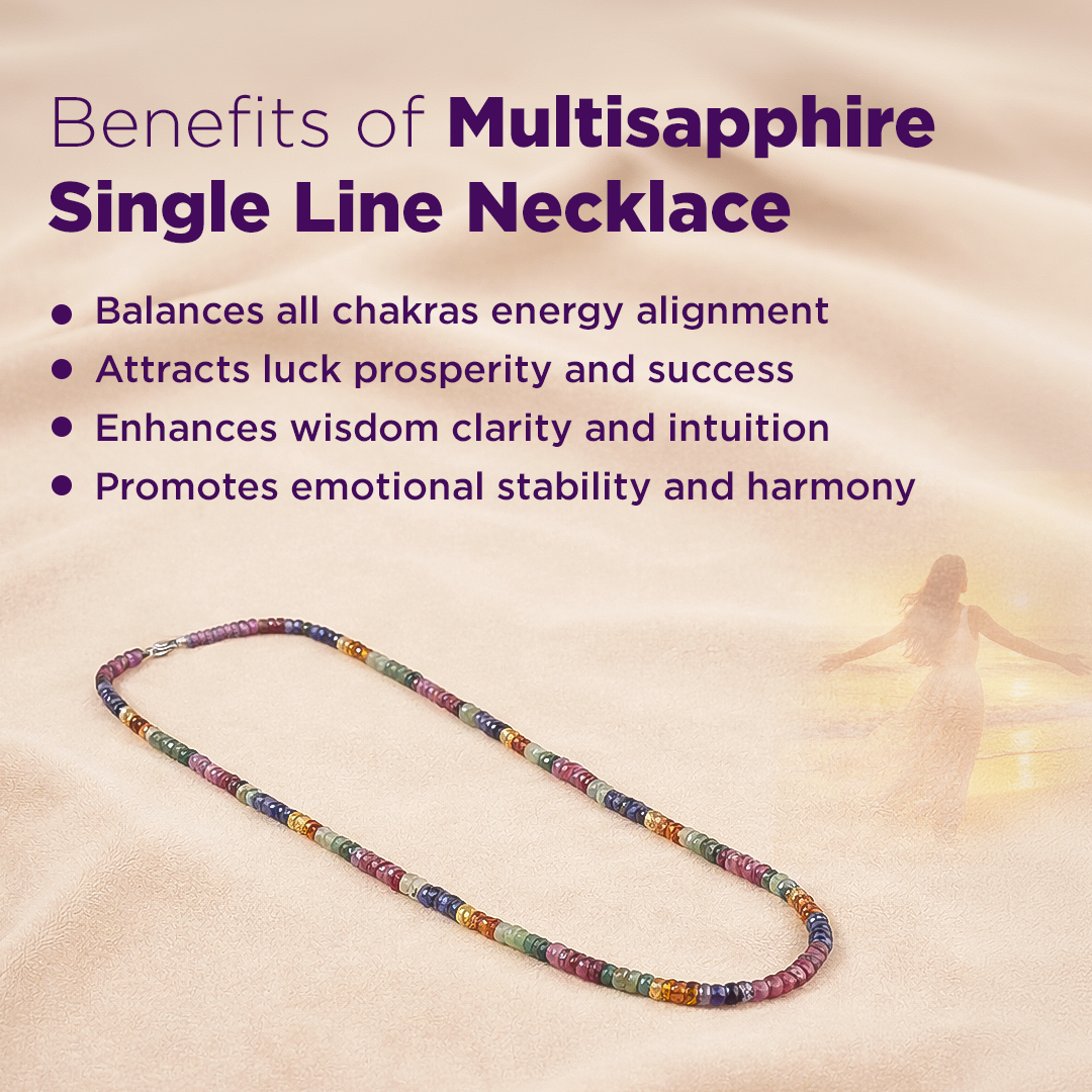 Multisapphire single line necklace with benefits listed on a soft, neutral background