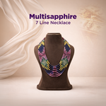 Multicolored beaded necklace on a mannequin bust with 'Multisapphire 7 Line Necklace' text.
