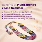 Multisapphire 7 line necklace with text on its benefits on a soft background