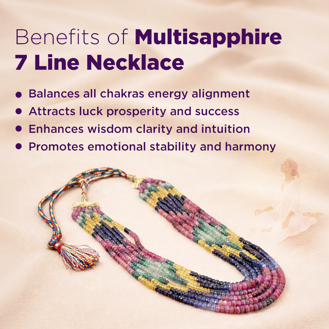 Multisapphire 7 line necklace with text on its benefits on a soft background