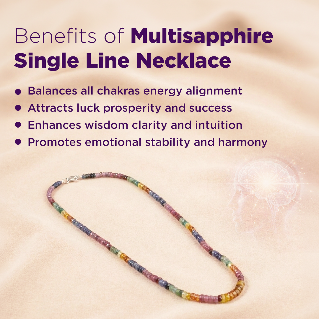 Multisapphire single line necklace with benefits listed on a beige backgroundMulti Sapphire Single Line Necklace for Balance, Clarity & Success