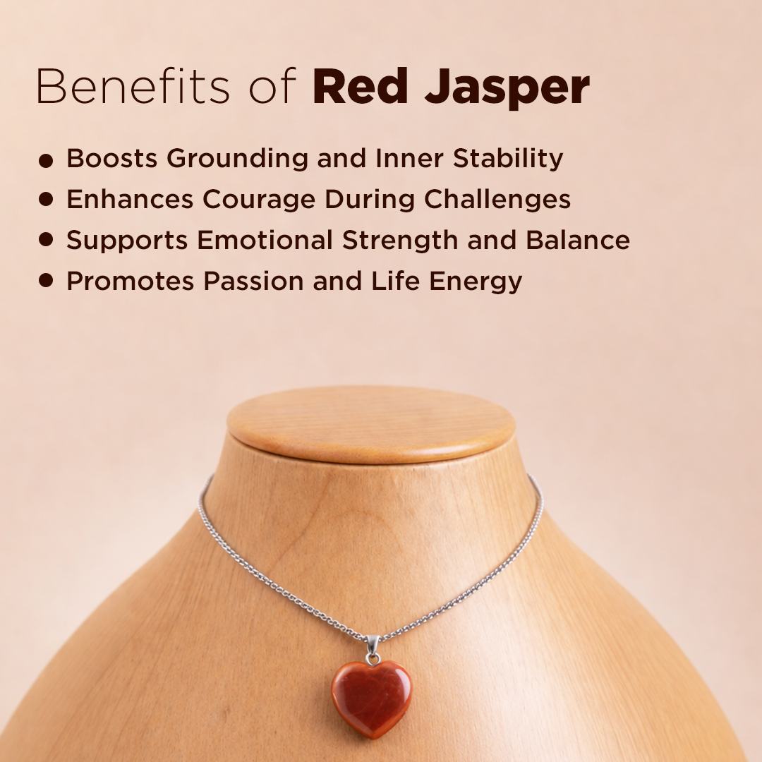 Red Jasper necklace on a mannequin with text about its benefits on a beige background