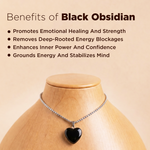 Black obsidian necklace on a wooden stand with benefits listed above.