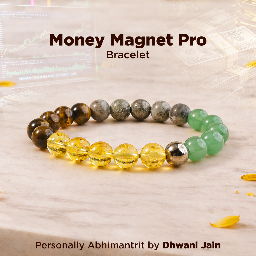 Money Magnet Pro bracelet with multicolored beads on a light wooden surface.