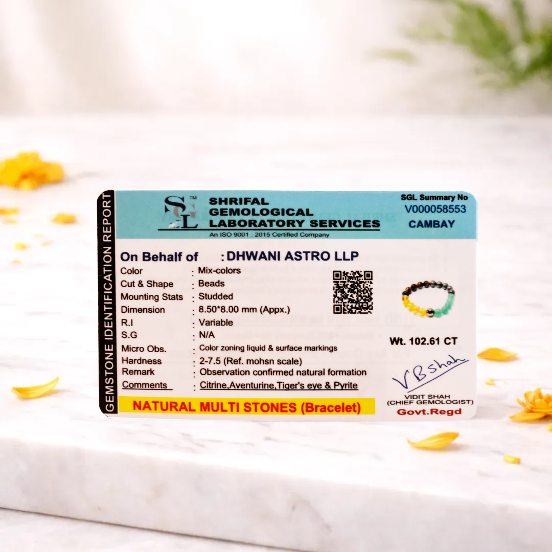 Shriful Gemological Laboratory Services certificate for a natural multi-stones bracelet on a white background with yellow flowers.Money Magnet Pro Bracelet - Abhimantrit & Certified