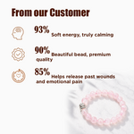 Pink beaded bracelet with customer feedback on a white background