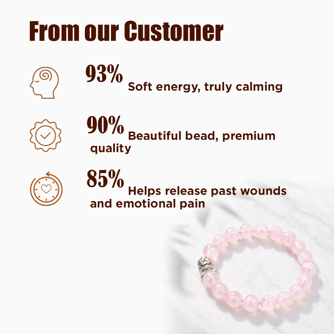 Pink beaded bracelet with customer feedback on a white backgroundRose Quartz Bracelet for Love Relationship Healing Self Love
