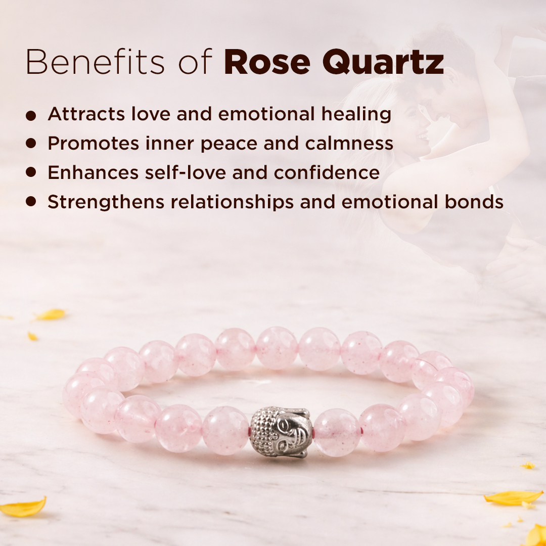Rose Quartz bracelet with a Buddha charm on a light background, featuring the benefits of Rose Quartz.