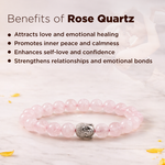 Rose Quartz bracelet with a Buddha charm on a light background, featuring the benefits of Rose Quartz.