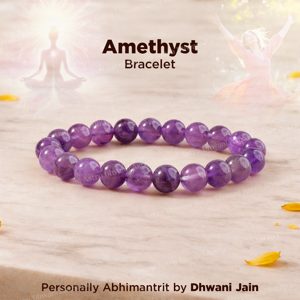 Amethyst bracelet on a light background with text indicating brand and creator.