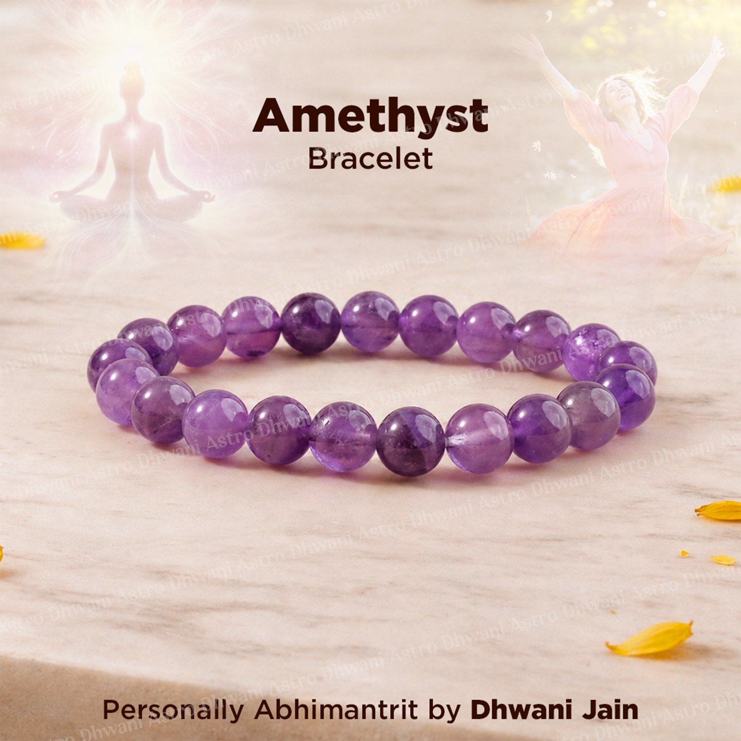 Amethyst bracelet on a light background with text indicating brand and creator.