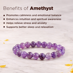 Purple amethyst bracelet with text on the benefits of amethyst on a light background