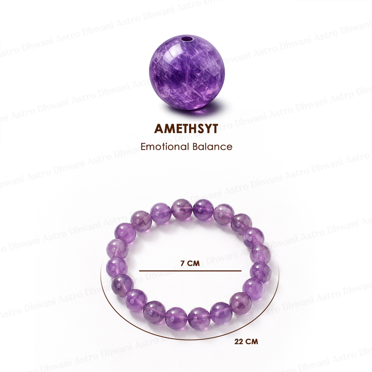 Purple amethyst bead and bracelet on a white background with 'Amethyst' and 'Emotional Balance' text.