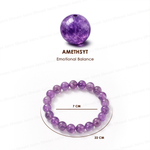 Purple amethyst bead and bracelet on a white background with 'Amethyst' and 'Emotional Balance' text.