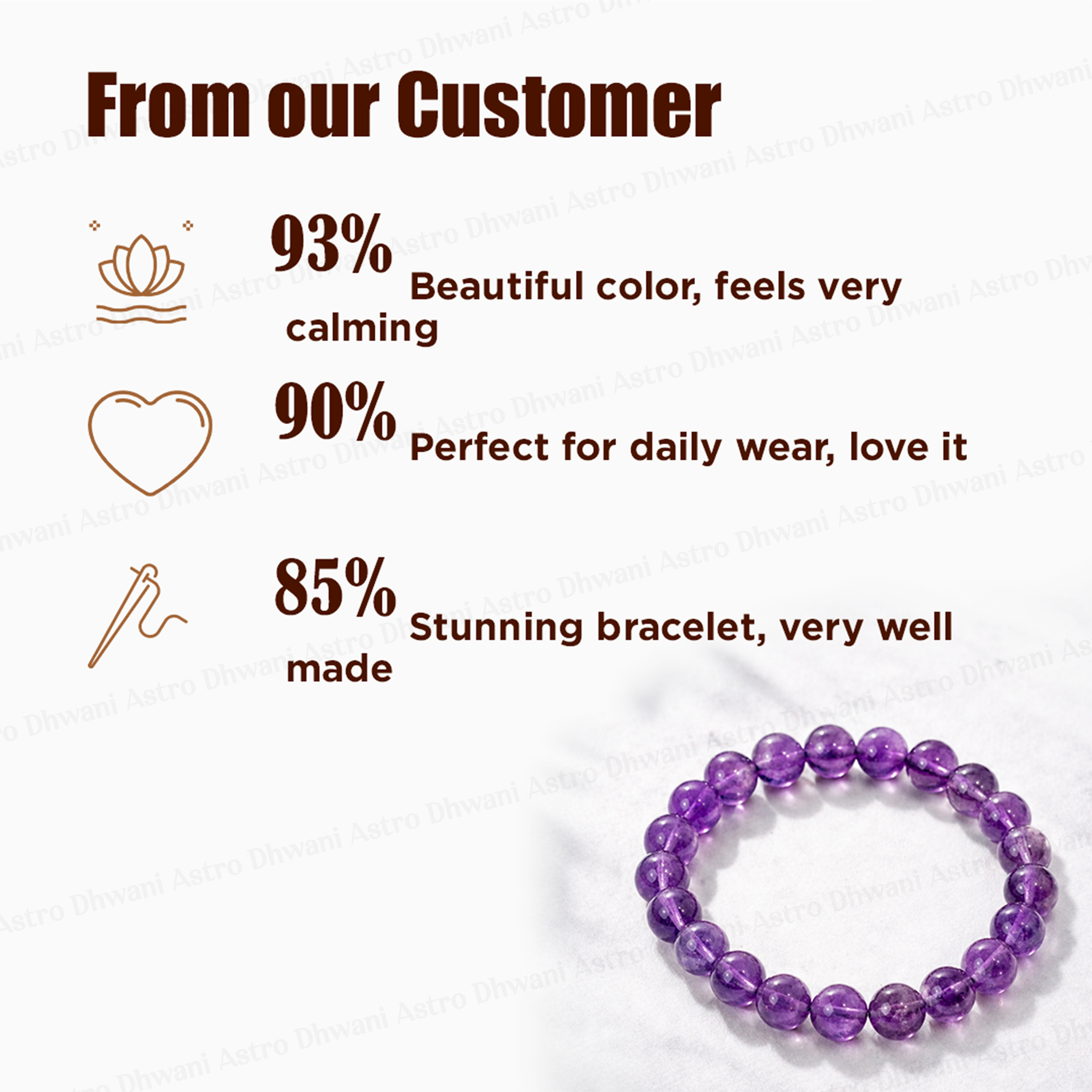 Purple beaded bracelet with customer feedback on a white backgroundप्राकृतिक आकर्षण प्यार, भाग्य, सद्भाव और अच्छा स्वास्थ्य कंगन (नीलम) - अभिमंत्रित और प्रमाणित